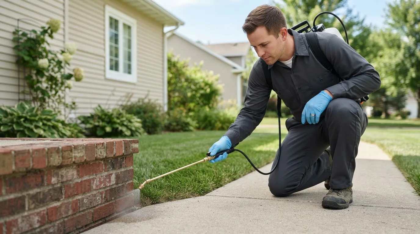 Pest control technician treating a home near Petersburg, IN
